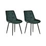 Set Of 2 Dining Chairs Green Velvet Black Steel Legs Modern Upholstered Chairs