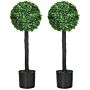 Homcom Set Of 2 Artificial Plants Boxwood Ball Trees In Pot Fake Plants For Home Decor, 20x20x60cm, Green