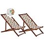 Set Of 2 Garden Deck Chairs Dark Acacia Wood Frame Oranges Pattern Replacement Fabric Hammock Seat Reclining Folding Sun Lounger