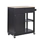 Kitchen Trolley Black Mdf Rubberwood 75 X 43 X 87 Cm Cabinet Towel Rack 2 Shelves Cutlery Drawer Castors