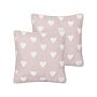 Set Of 2 Scatter Cushions Pink Cotton 45 X 45 Cm Embroidered Hearts Pattern