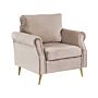 Armchair Taupe Velvet Fabric Upholstery Gold Metal Legs Removable Seat And Back Cushions