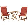 Garden Bistro Set Acacia Wood Table 2 Chairs With Red Cushions Uv Resistant Foldable