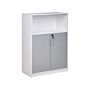 Storage Cabinet Light Grey White Particle Board Locker With Open Shelf 2 Door