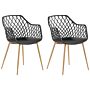 Set Of 2 Dining Chairs Black Synthetic Seat Light Wood Metal Legs Open Net Back