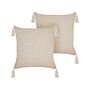 Set Of 2 Scatter Cushions Light Beige 42 X 42 Cm Throw Pillow Geometric Pattern Tassels Removable Cover With Filling