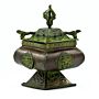 Brass Verdigris Tibetan Burner - Four Symbols Square Standing Pot