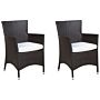 Set Of 2 Garden Dining Chairs Brown Faux Rattan White Cushions