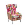 Wingback Chair Multicolour Fabric Patchwork Armchair Button Tufted Wooden Legs