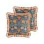 Set Of 2 Decorative Cushions Blue Orange Cotton 45 X 45 Cm Velvet Flower Motif Fringed Modern Glamour Decor