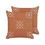 Set Of 2 Scatter Cushions Orange And White Cotton 45 X 45 Cm Geometric Pattern Handmade Removable Cover With Filling