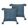 Set Of 2 Decorative Cushions Dark Blue Velvet And Cotton 45 X 45 Cm Floral Motif Block Printed