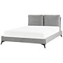 Eu Double Size Bed Grey Velvet Upholstery 4ft6 Slatted Base With Thick Padded Headboard With Cushions