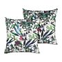 Set Of 2 Decorative Cushions Green Velvet 45 X 45 Cm Leaf Pattern