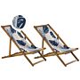 Set Of 2 Garden Deck Chairs Light Acacia Wood Frame Palm Leaves Pattern Replacement Fabric Hammock Seat Reclining Folding Sun Lounger