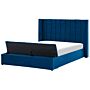 Eu King Size Panel Bed Blue Velvet 5ft5 Slatted Base High Headrest With Storage Bench