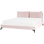 Eu Super King Size Bed Pink Velvet Upholstery 6ft Slatted Base With Thick Padded Headboard With Cushions