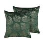 Set Of 2 Decorative Cushions Dark Green Velvet 45 X 45 Cm Leaf Print