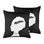 Set Of 2 Decorative Cushions Black Velvet 45 X 45 Cm Frankenstein Bride Pattern Square