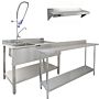 Kukoo Commercial Sink & Pre-rinse Tap - Right Hand Drainer, 6ft Stainless Steel Catering Bench, 2 X Wall Mounted Shelves With Extra Pre-rinse Commercial Tap