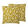 Set Of 2 Decorative Cushions Khaki Cotton Embroidered Leaf Pattern 45 X 45 Cm Floral