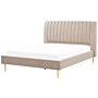 Eu Super King Size Panel Bed 6ft Beige Velvet Slatted Base High Headrest