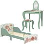 Zonekiz Toddler Bed Frame, Kids Dressing Table With Mirror And Stool, Cute Animal Design Kids Bedroom Furniture Set For Ages 3-6 Years, Green