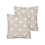 Set Of 2 Scatter Cushions Beige Cotton 45 X 45 Cm Embroidered Hearts Pattern