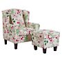 Armchair With Footstool Cream Floral Pattern Fabric Wooden Legs Wingback Style