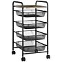 Homcom Storage Trolley On Wheels, Rolling Utility Serving Cart With 4 Mesh Trays, Black