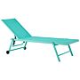 Garden Sun Lounger Turquois Synthetic Seat Aluminium Frame 198 X 61 Cm Adjustable Reclining Backrest With Castors Patio