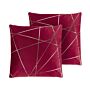 Set Of 2 Scatter Cushions Red Velvet 45 X 45 Cm Gold Geometric Pattern Decorative Throw Pillows Removable Covers Zipper Closure