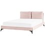 Eu King Size Bed Pink Velvet Upholstery 5ft3 Slatted Base With Thick Padded Headboard With Cushions