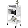 Homcom 3-tier Storage Trolley On Wheels, Rolling Utility Serving Cart With 3 Mesh Baskets, 2 Hanging Boxes And 6 Hooks, White