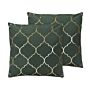 Set Of 2 Decorative Cushions Green Velvet 45 X 45 Cm Quatrefoil Pattern Foil Print Moroccan Clover