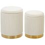 Set Of 2 Storage Pouffes White Polyester Velvet Upholstery Gold Base Modern Design Horizontal Tuft