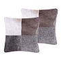 Decorative Cushions Grey Cowhide Leather Patchwork Two Pieces 45 X 45 Cm Country