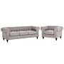 Chesterfield Living Room Set Light Grey Fabric Upholstery Dark Wood Legs 3 Seater Sofa + Armchair