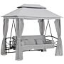 Outsunny 2-in-1 Convertible Swing Chair Bed 3 Seater Hammock Gazebo Patio Bench Cushioned Seat Mesh Curtains - Grey