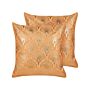 Set Of 2 Scatter Cushions Orange Cotton 45 X 45 Cm Geometric Gold Pattern Handmade Removable Cover With Filling