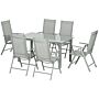 Outsunny 7 Piece Garden Dining Set, Outdoor Table And 6 Folding And Reclining Chairs, Aluminium Frame, Tempered Glass Top Table, Texteline Seats, Grey