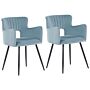 Set Of 2 Chairs Dining Chair Light Blue Velvet With Armrests Cut-out Backrest Black Metal Legs