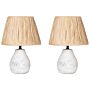 Set Of 2 Table Lamps White And Natural Ceramic Paper Pulp Cone Shaped Shades Distressed Effect Minimalistic Design Beliani