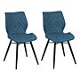 Set Of 2 Dining Chairs Blue Fabric Upholstery Black Legs