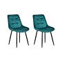 Set Of 2 Dining Chairs Blue Velvet Black Steel Legs Modern Upholstered Chairs