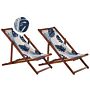 Set Of 2 Garden Deck Chairs Dark Acacia Wood Frame Palm Leaves Pattern Replacement Fabric Hammock Seat Reclining Folding Sun Lounger