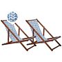 Set Of 2 Garden Deck Chairs Dark Acacia Wood Frame White And Blue Replacement Fabric Hammock Seat Reclining Folding Sun Lounger