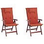 Set Of 2 Garden Chairs Acacia Wood Red Cushion Adjustable Foldable Outdoor