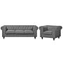 Chesterfield Living Room Set Light Grey Fabric Dark Wood Legs 3 Seater Sofa + Armchair