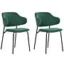 Set Of 2 Dining Chairs Green Fabric Upholstery Black Metal Legs Armless Curved Backrest